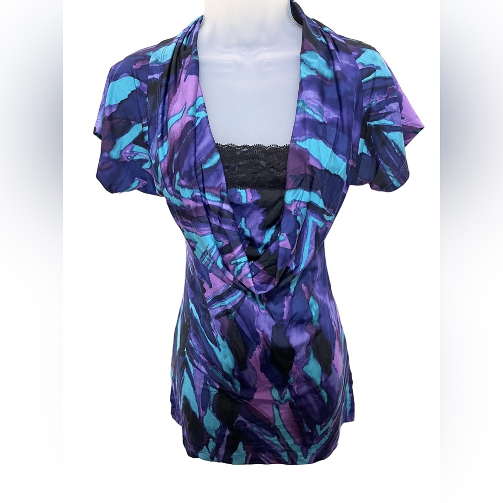 Y2K Wrapper S Cowl Neck Abstract Blouse Short Sleeve Lace Purple Teal Grunge - Picture 1 of 10